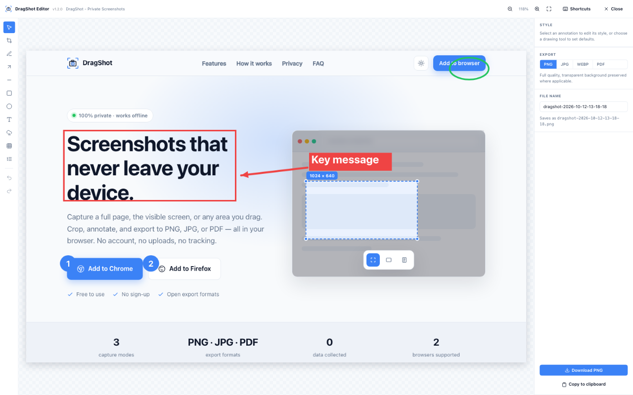 DragShot editor with an arrow, text label, rectangle, blur and numbered step markers on a captured page