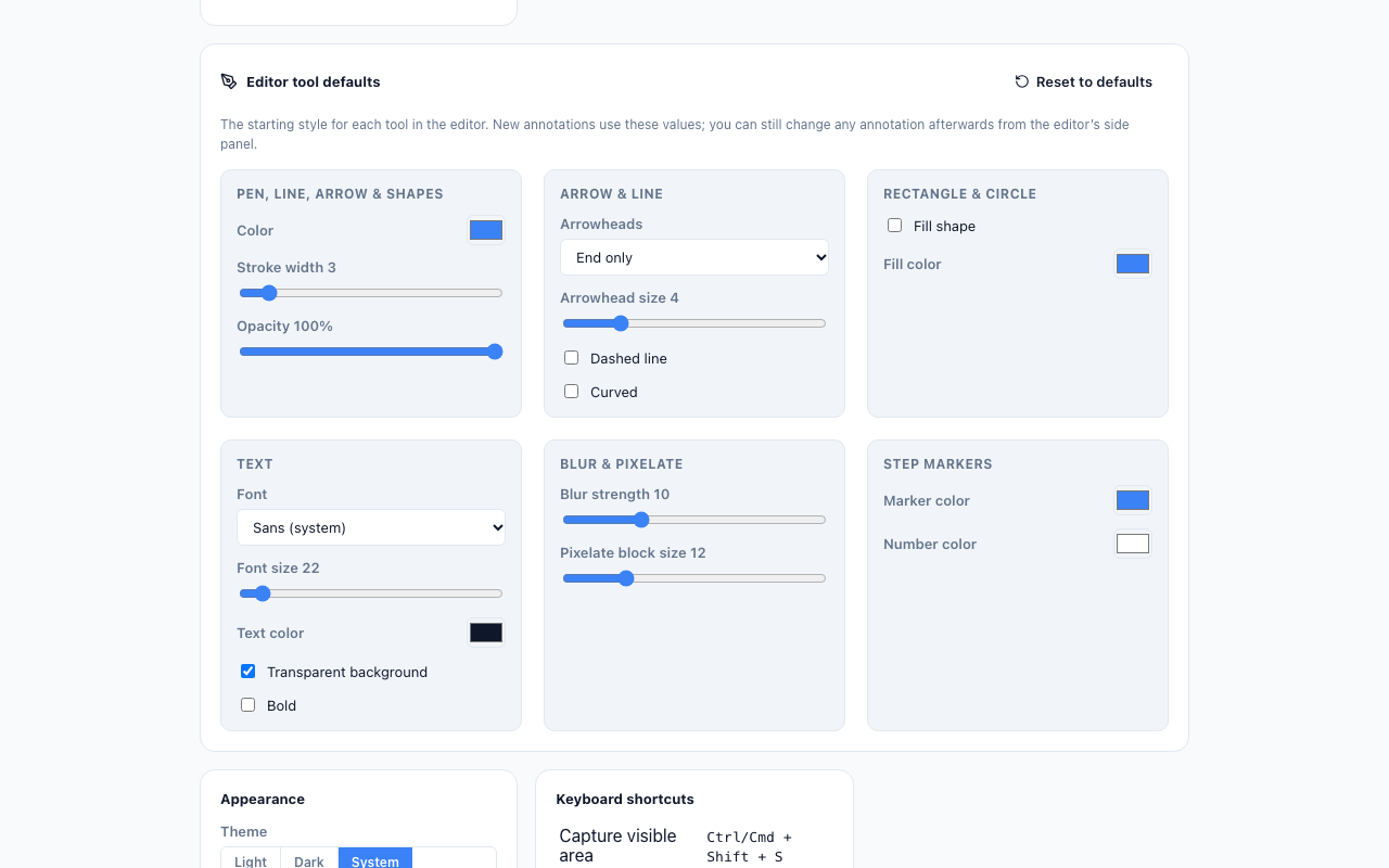 DragShot settings page with editor tool defaults for colors, stroke width, arrows, text, blur and step markers